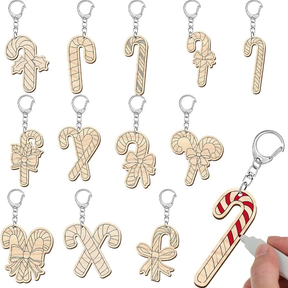 24 Pcs Candy Cane Craft Color Your Own Keychains DIY Craft Wooden Blank Keychain